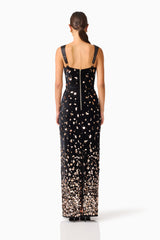 Primelle Embellished Gown in Black & Gold with back zipper & velvet embellished fabrication back shot