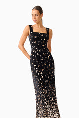 Primelle Embellished Gown in Black & Gold with square neckline & velvet embellished fabrication close up looking away shot