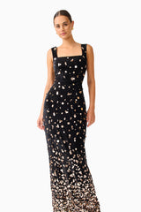 Primelle Embellished Gown in Black & Gold with square neckline & velvet embellished fabrication close up posed shot