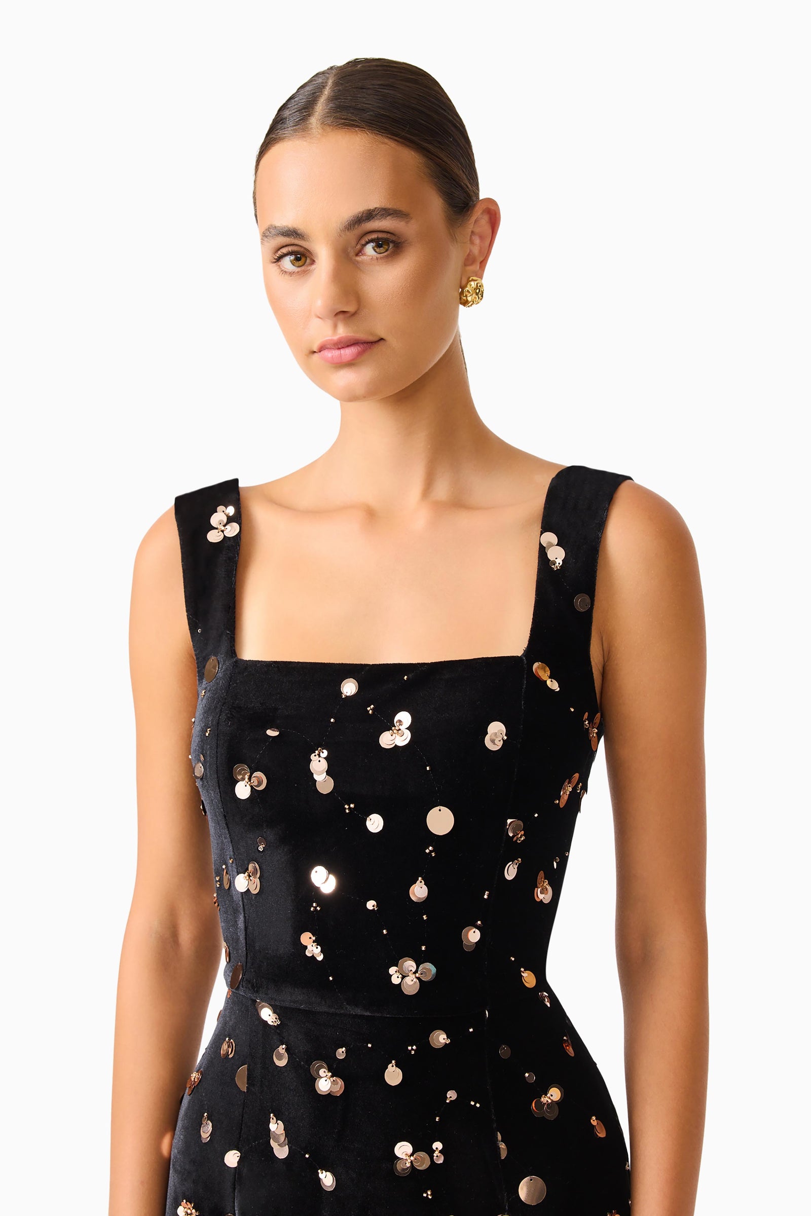 black dress with gold spots Primelle Embellished Gown in & – Elliatt Long Bridesmaid dress