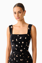 Primelle Embellished Gown in Black & Gold with square neckline & velvet embellished fabrication close up shot