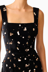 Primelle Embellished Gown in Black & Gold with square neckline & velvet embellished fabrication detail shot