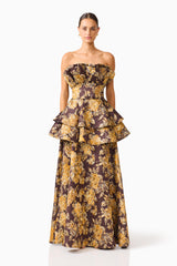 Iris Tiered Gown in Brown & Gold Floral with ruffle panel & jacquard fabrication front shot
