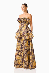 Iris Tiered Gown in Brown & Gold Floral with ruffle panel & jacquard fabrication side shot