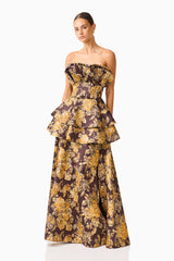 Iris Tiered Gown in Brown & Gold Floral with ruffle panel & jacquard fabrication posed shot