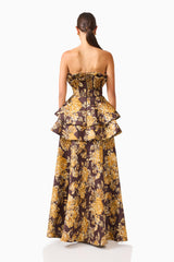 Iris Tiered Gown in Brown & Gold Floral with back zippper & jacquard fabrication back shot