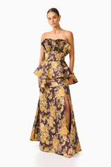 Iris Tiered Gown in Brown & Gold Floral with ruffle panel & jacquard fabrication posed shot