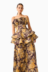 Iris Tiered Gown in Brown & Gold Floral with ruffle panel & jacquard fabrication close up shot