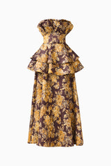 Iris Tiered Gown in Brown & Gold Floral with ruffle panel & jacquard fabrication ghost shot