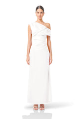 Verdessa Asymmetrical Gown in White with a one off shoulder neckline front shot