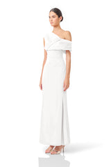 Verdessa Asymmetrical Gown in White with a one off shoulder neckline side shot 