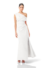 Verdessa Asymmetrical Gown in White with a one off shoulder neckline posed shot