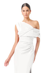 Verdessa Asymmetrical Gown in White with a one off shoulder neckline close up shot
