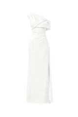 Verdessa Asymmetrical Gown in White with a one off shoulder neckline ghost shot