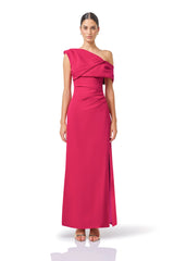 Verdessa Asymmetrical Gown in Raspberry Pink with front skirt split & draped detail front shot