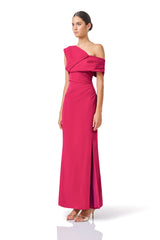 Verdessa Asymmetrical Gown in Raspberry Pink with front skirt split & draped detail side shot