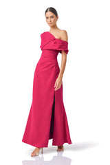 Verdessa Asymmetrical Gown in Raspberry Pink with front skirt split & draped detail side shot