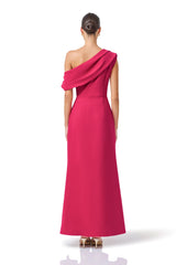 Verdessa Asymmetrical Gown in Raspberry Pink with front asymmetric back & draped detail back shot