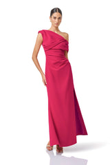 Verdessa Asymmetrical Gown in Raspberry Pink with front skirt split & draped detail posed shot