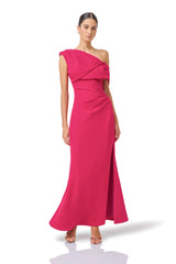 Verdessa Asymmetrical Gown in Raspberry Pink with front skirt split & draped detail posed front shot