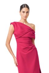 Verdessa Asymmetrical Gown in Raspberry Pink with front skirt split & draped detail close up shot