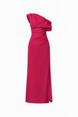 Verdessa Asymmetrical Gown in Raspberry Pink with front skirt split & draped ghost shot