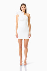 Verdessa One Shoulder Mini Dress in White with floral applique on shoulder front shot