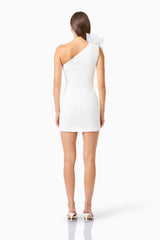 Verdessa One Shoulder Mini Dress in White with floral applique on shoulder & asymmetrical back, back shot