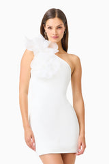 Verdessa One Shoulder Mini Dress in White with floral applique on shoulder close up shot