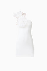 Verdessa One Shoulder Mini Dress in White with floral applique on shoulder ghost shot
