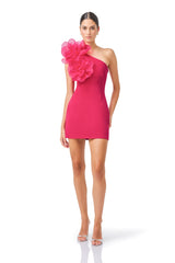 Verdessa One Shoulder Mini Dress in Raspberry with floral applique on the shoulder posed with hand on hip shot