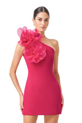 Verdessa One Shoulder Mini Dress in Raspberry with floral applique on the shoulder close up shot