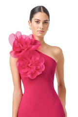 Verdessa One Shoulder Mini Dress in Raspberry with floral applique on the shoulder detail shot