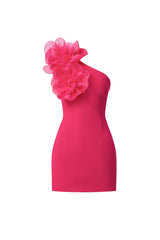 Verdessa One Shoulder Mini Dress in Raspberry with floral applique on the shoulder ghost shot