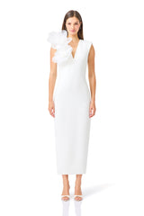 Verdessa V-Neck Maxi Dress in White with v-neckline & floral applique on shoulder front shot