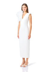Verdessa V-Neck Maxi Dress in White with v-neckline & floral applique on shoulder side shot