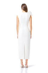 Verdessa V-Neck Maxi Dress in White with back zipper & floral applique on shoulder back shot