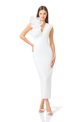 Verdessa V-Neck Maxi Dress in White with v-neckline & floral applique on shoulder posed shot