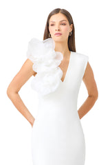 Verdessa V-Neck Maxi Dress in White with v-neckline & floral applique on shoulder close up shot