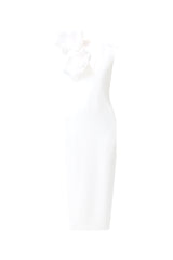 Verdessa V-Neck Maxi Dress in White with v-neckline & floral applique on shoulder ghost shot