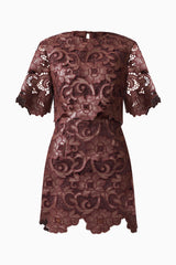 Novelle Top & Mini Skirt Set in Chocolate Brown with round neckline & scalloped hem ghost shot