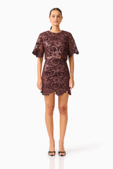 Novelle Top & Mini Skirt Set in Chocolate Brown with round neckline & scalloped hem front shot