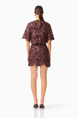 Novelle Top & Mini Skirt Set in Chocolate Brown with round neckline & scalloped hem back shot