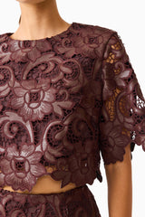 Novelle Top & Mini Skirt Set in Chocolate Brown with round neckline top detail shot