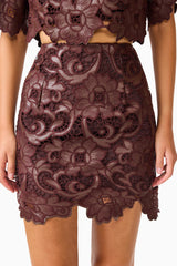 Novelle Top & Mini Skirt Set in Chocolate Brown with scalloped hem skirt detail shot