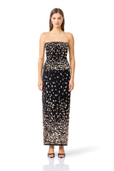 Primelle Embellished Top & Maxi Skirt Set in Black & Gold with strapless neckline & column skirt front shot