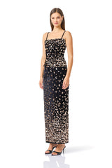 Primelle Embellished Top & Maxi Skirt Set in Black & Gold with strapless neckline & column skirt side shot