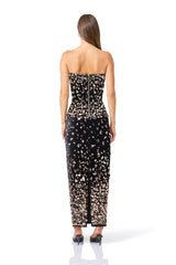 Primelle Embellished Top & Maxi Skirt Set in Black & Gold with strapless neckline & column skirt back shot