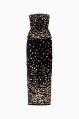 Primelle Embellished Top & Maxi Skirt Set in Black & Gold with strapless neckline & column skirt ghost shot
