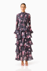 Florisse Tiered Maxi Dress in Black & Pink Floral with long sleeves and a collar neckline front shot